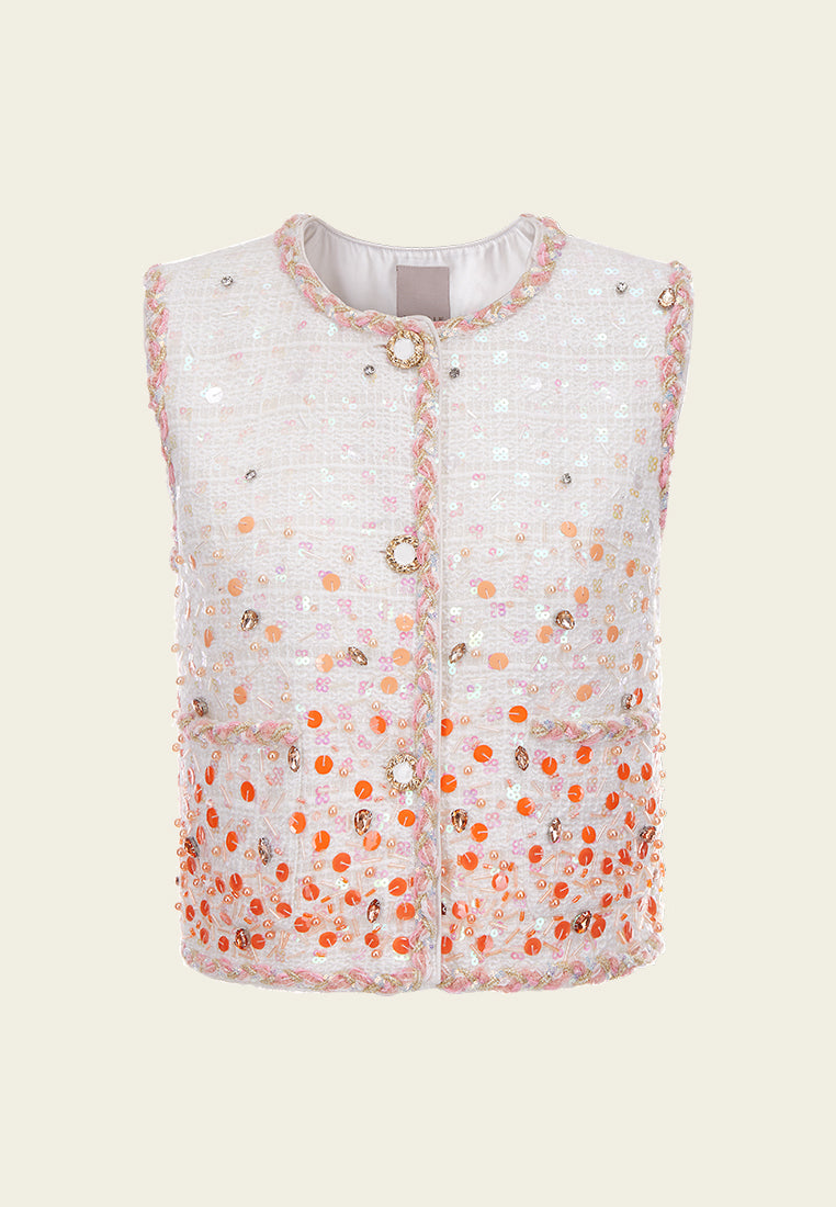 White Beaded Sequin Tweed Vest – MOISELLE