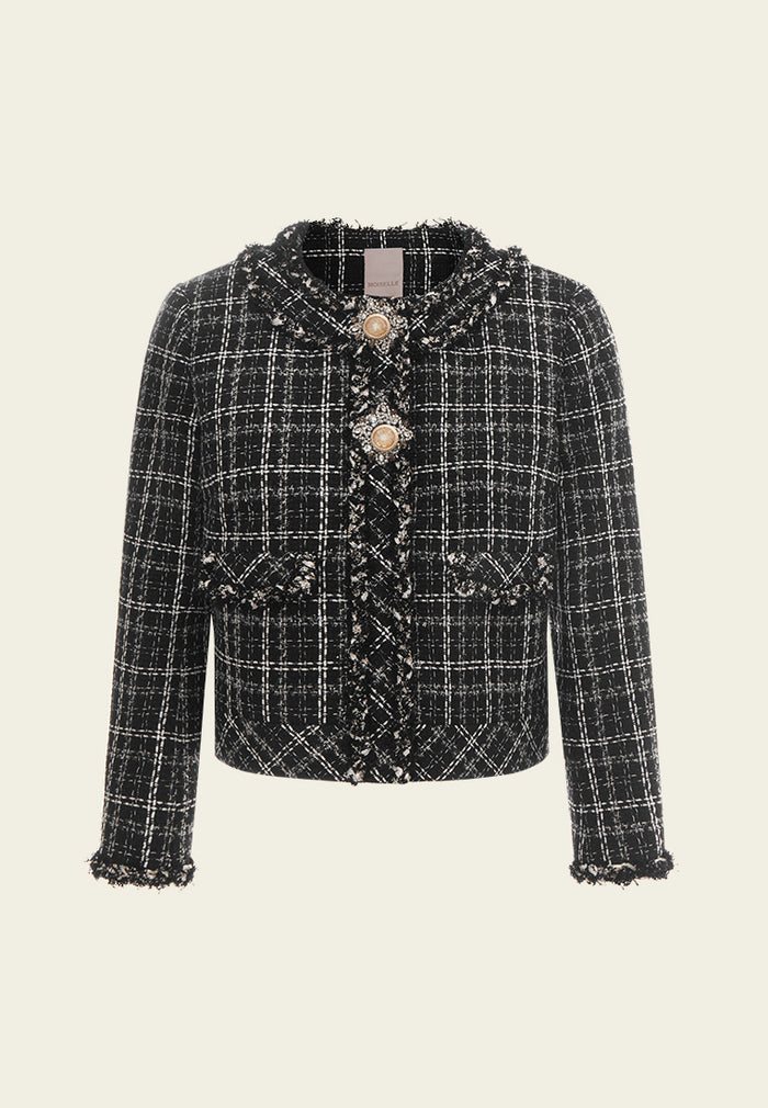 Frayed-trim Embellished-button Checked Top