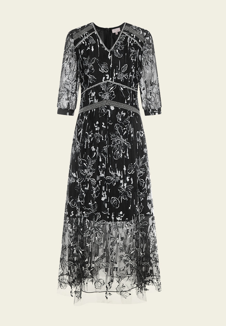 MOISELLE Black Sheer Floral Embroidery Dress