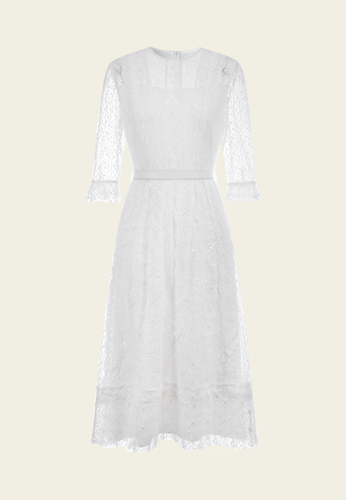 White Mid Sleeves Lace Midi Dress
