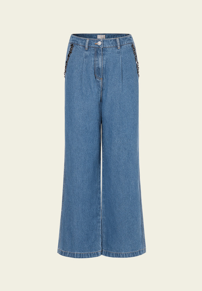 High-waisted Embellished Flare Wide-leg Jeans