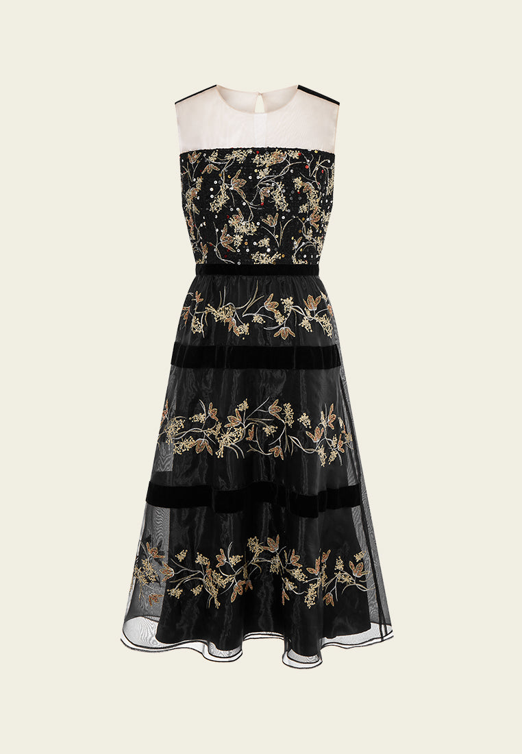 MOISELLE Oriental Paneled Sequin/Embroidery-detail Mesh Dress
