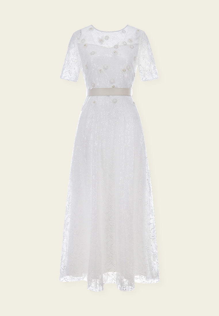 White Embellished Lace Maxi Dress – MOISELLE