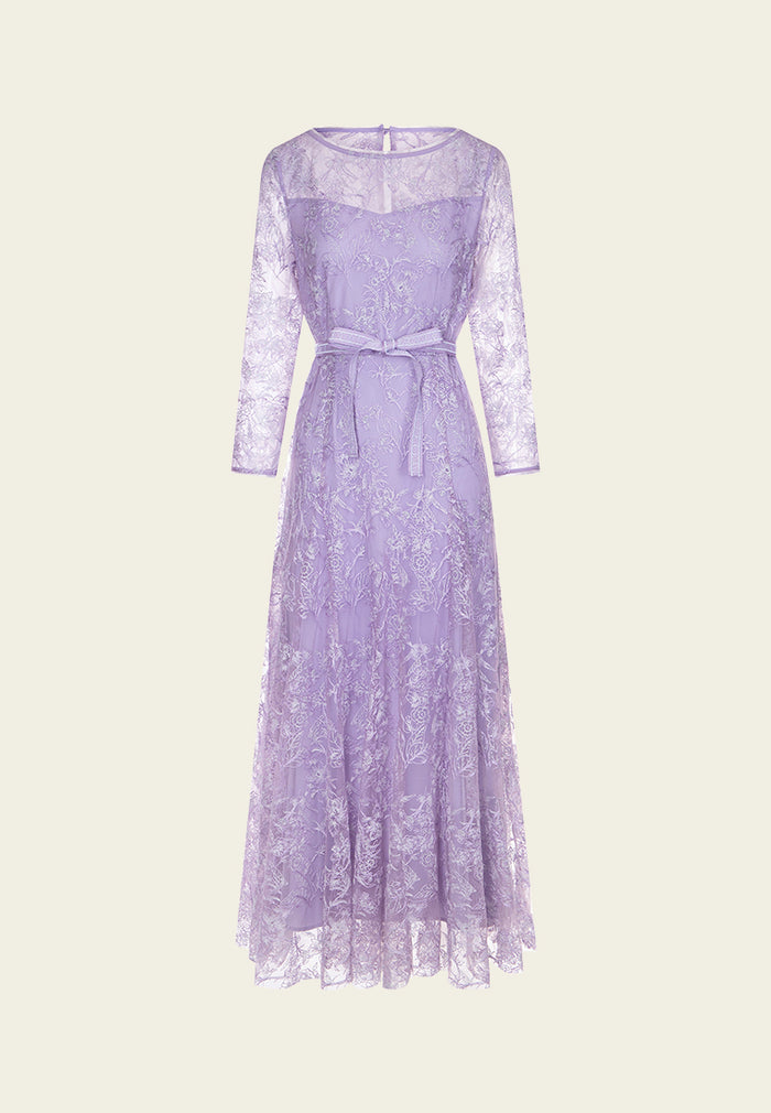 Long-sleeve Tie-waist Floral-Embroidery Dress