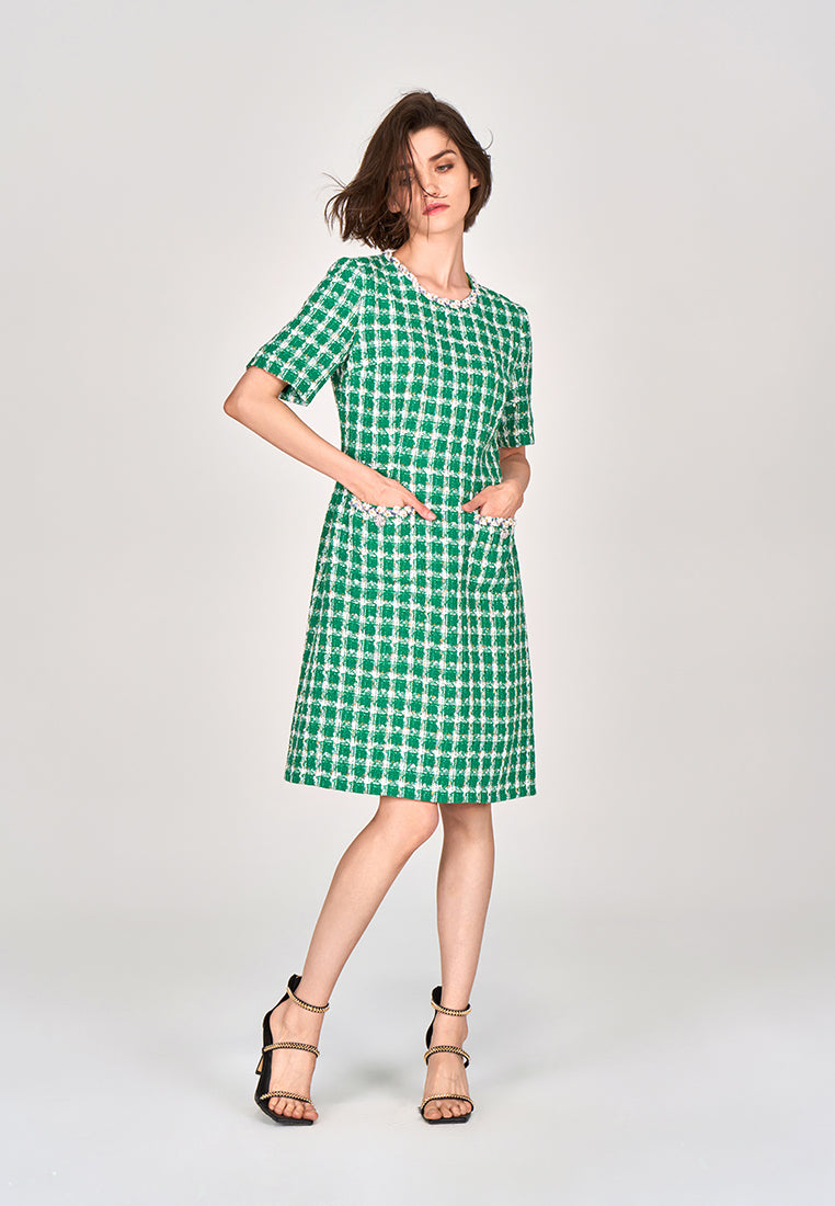 MOISELLE Emerald Green Check Tweed Dress MOISELLE Emerald Green Check Tweed Dress