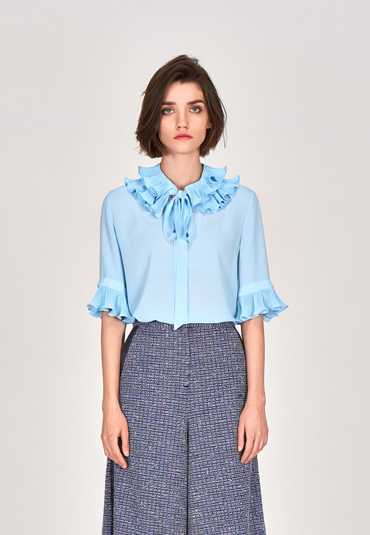 Blue Ruffled Pussy Bow Blouse