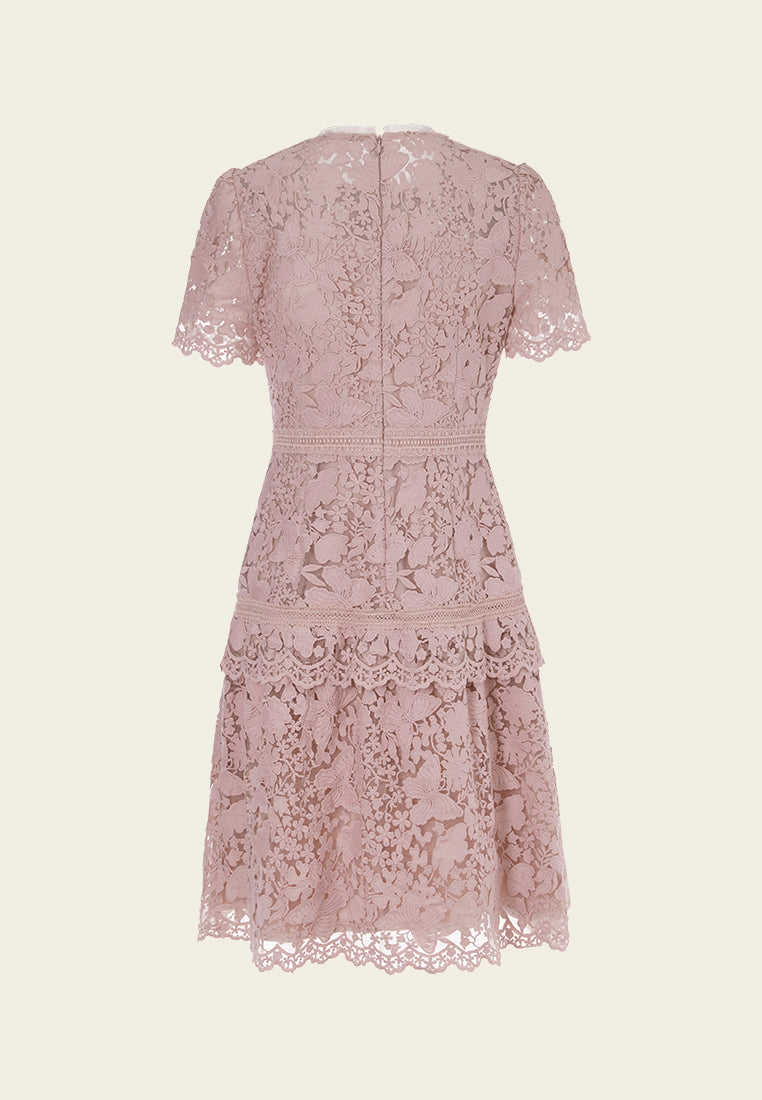 Layered Panelle-detail Puff-sleeve Lace Dress