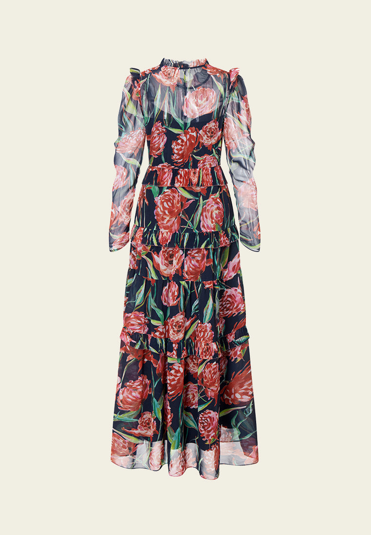 MOISELLE Floral Pattern Ruffle-trim Layered Chiffon Dress