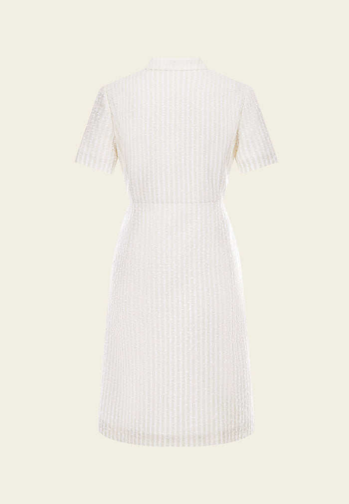 Beige White Stand Collar Zip-Up Tweed Dress
