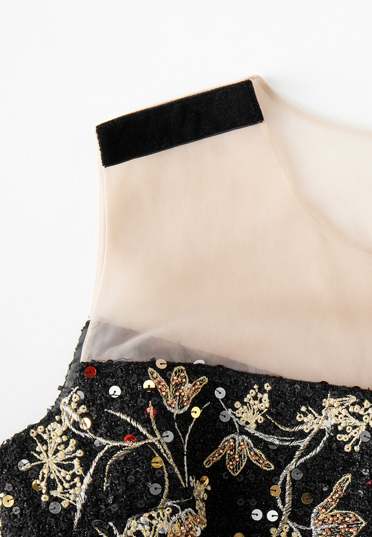 MOISELLE Oriental Paneled Sequin/Embroidery-detail Mesh Dress