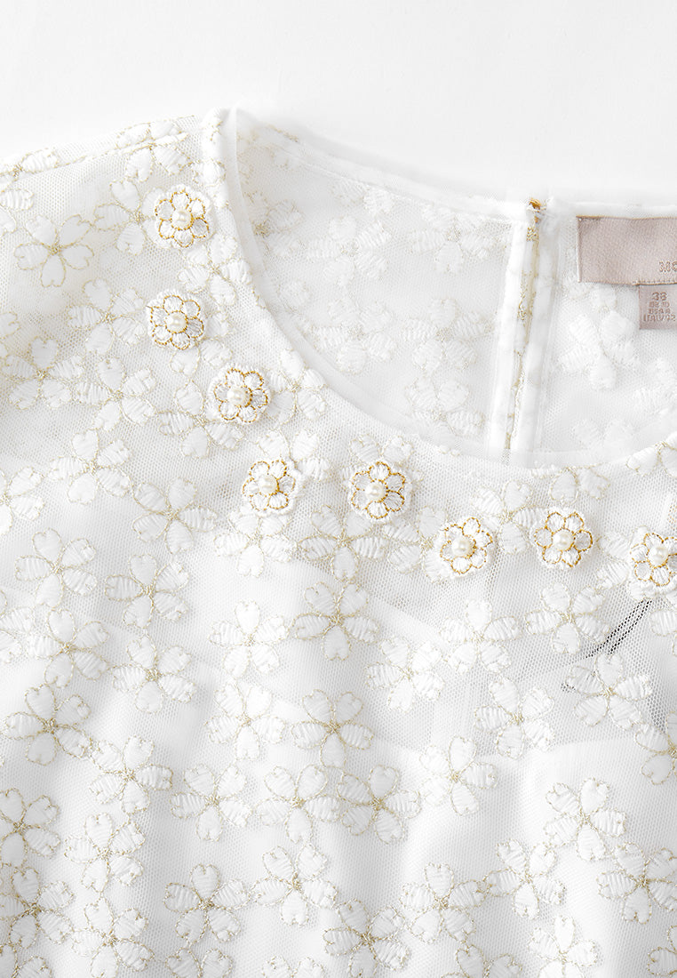 MOISELLE Embroidered Mesh Belted Dress