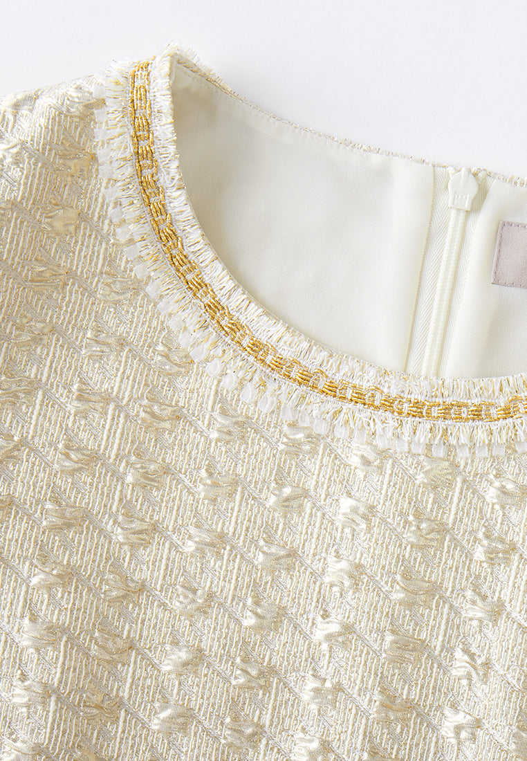 Embossed Jacquard Embellished-trim Patch-pocket Dress