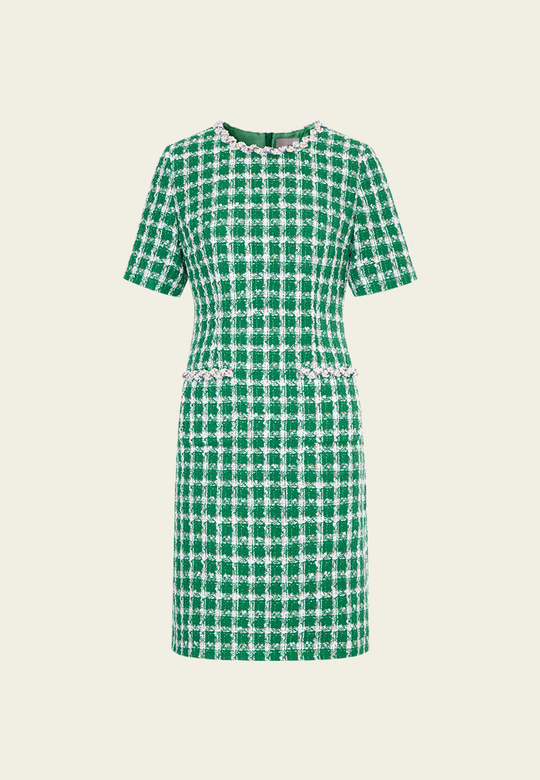 MOISELLE Emerald Green Check Tweed Dress