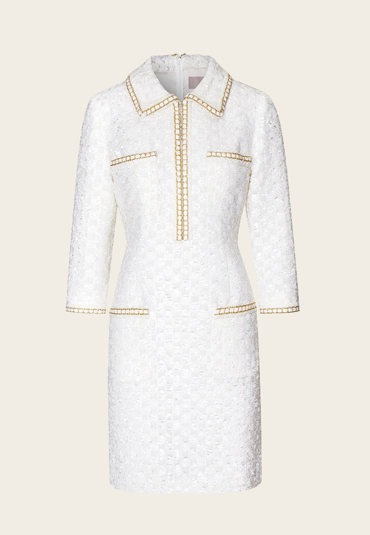 white tweed long sleeve dress Lapel White Tweed Gold-detailing Long Sleeve Dress – MOISELLE