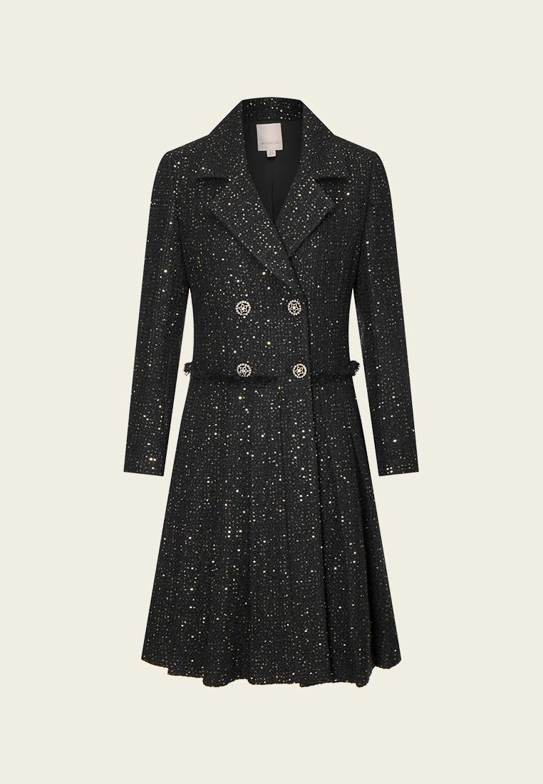 Black Sequin Tweed Princess Coat | MOISELLE