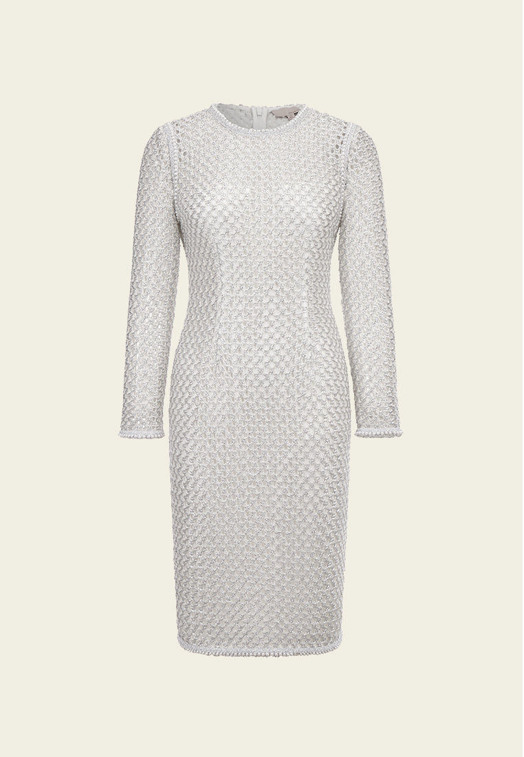 MOISELLE Elegant Silver Lace Long-sleeved Midi Dress