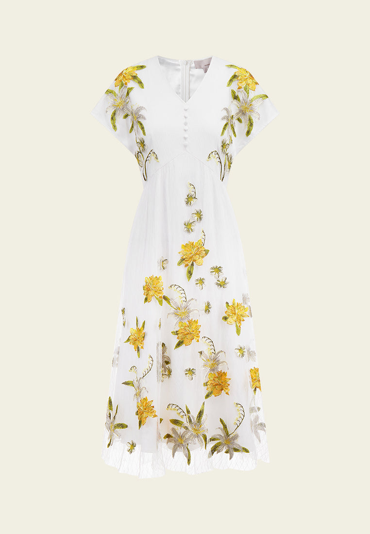white floral embroidered mesh dress Floral Embroidered Mesh Overlay Midi Dress in Cream main image 0