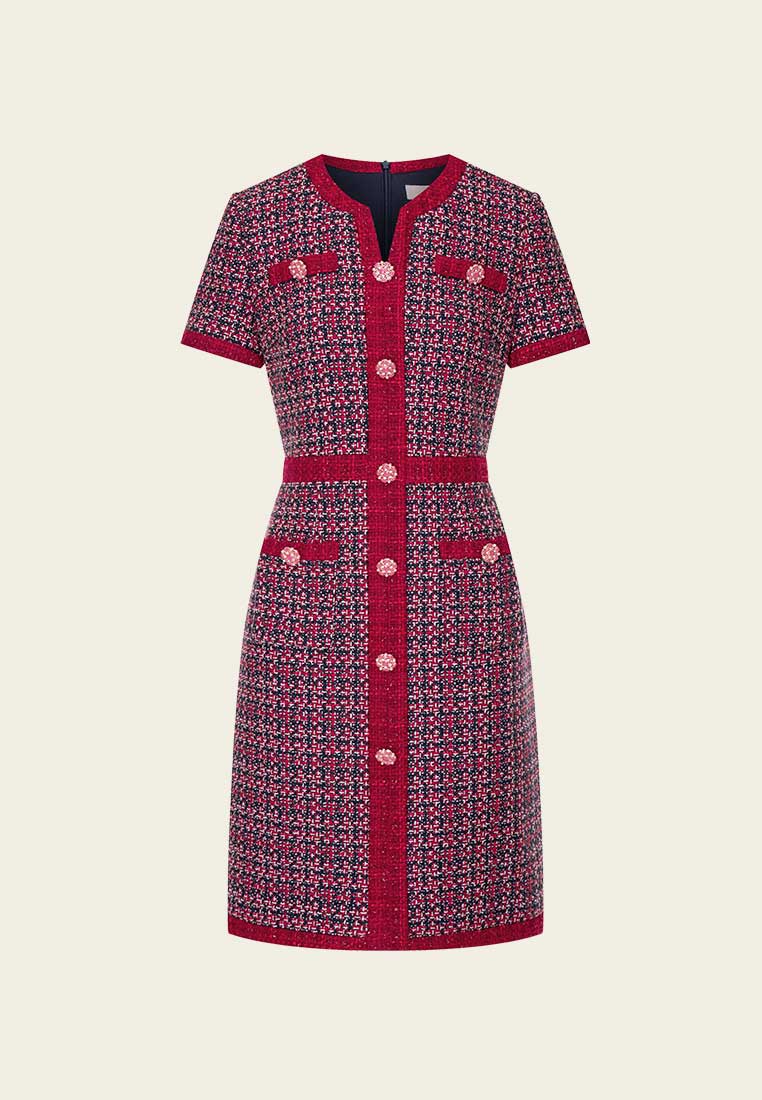 MOISELLE Red Tweed Embellished Button Dress