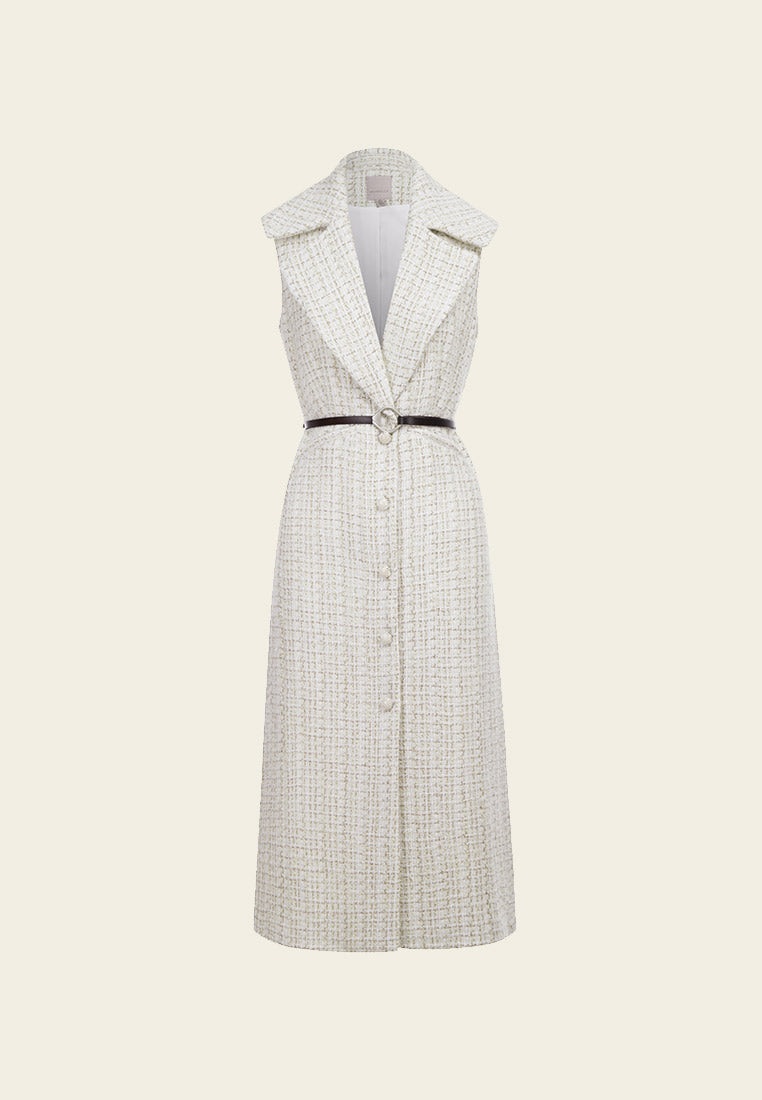 MOISELLE White Sleeveless Lapel Tweed Dress with Belt