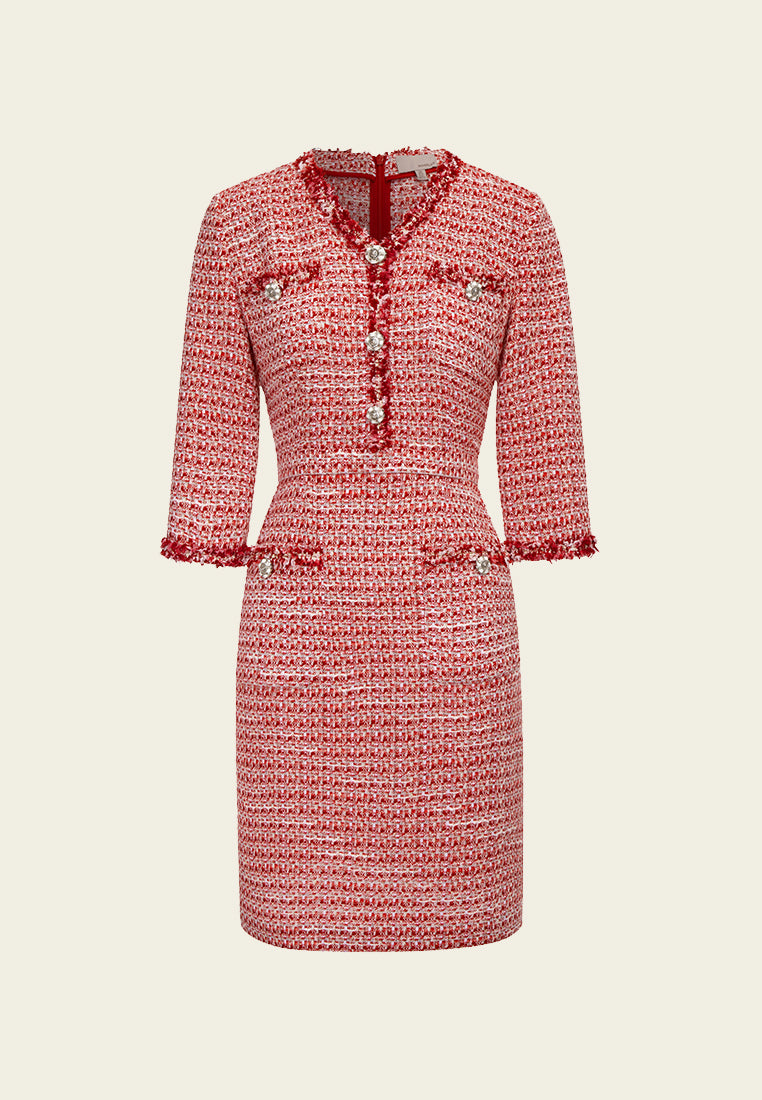 Signature Red V-neck Tweed Midi Dress – MOISELLE