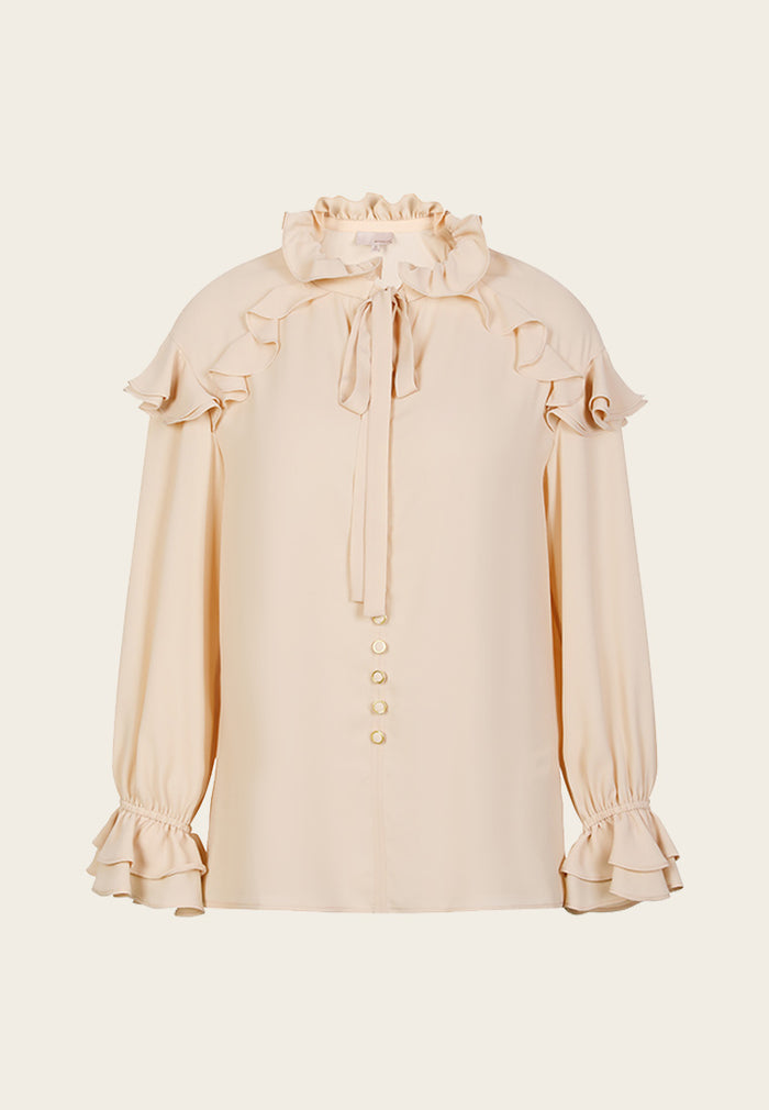 Ruffled Bow-Fastening Button Up Beige Chiffon Top - MOISELLE