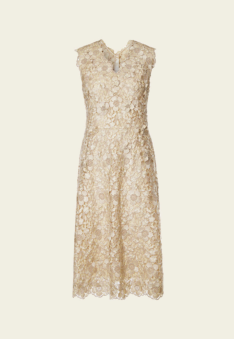 MOISELLE Beige V-neck Lace Sleeveless Dress