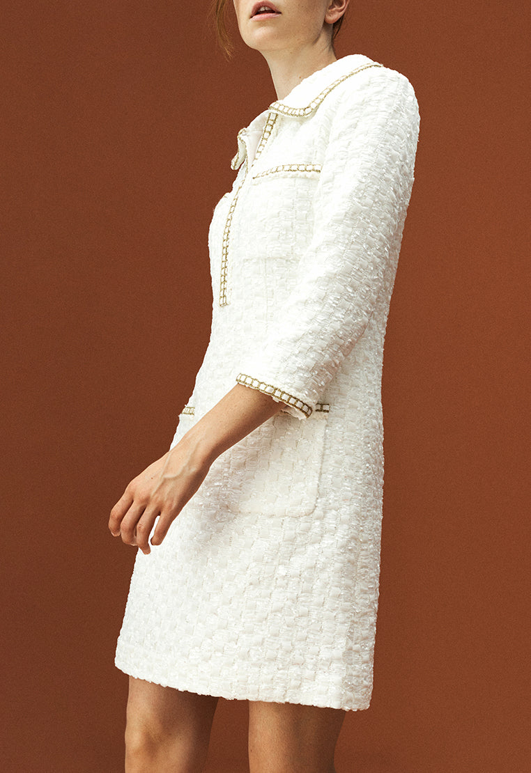 fitted lace wedding dress Lapel White Tweed Gold-detailing Long Sleeve Dress – MOISELLE