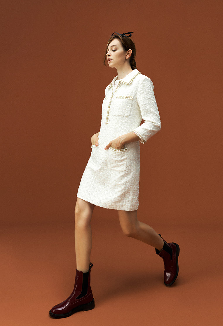 white tweed long sleeve dress Lapel White Tweed Gold-detailing Long Sleeve Dress – MOISELLE