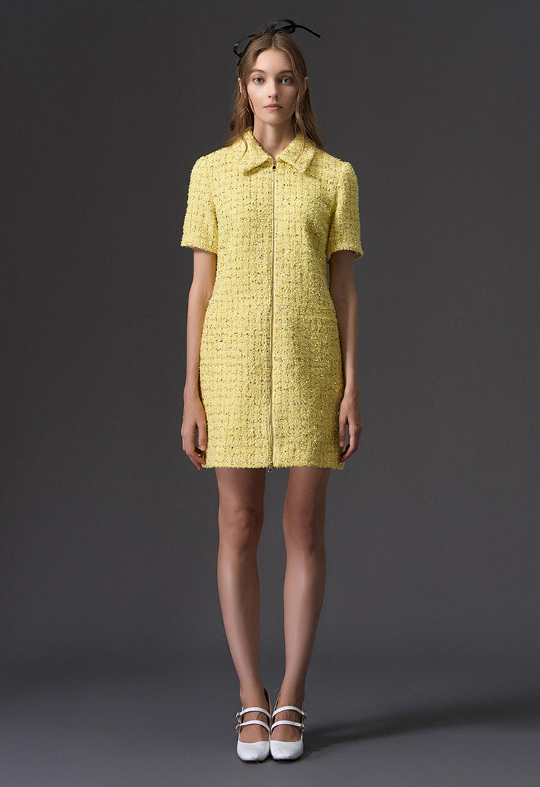 Yellow Short Sleeve Zip Up Front Tweed Dress – MOISELLE Yellow Short Sleeve Zip Up Front Tweed Dress – MOISELLE