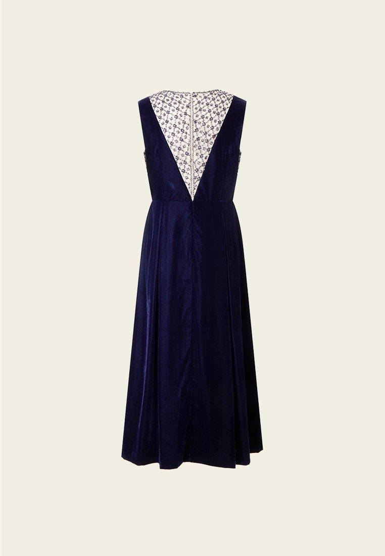 Blue Crystal and Bead Embellished Sleeveless Velvet Dress – MOISELLE
