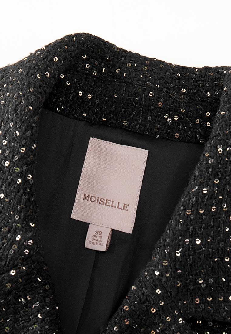 Black Sequin Tweed Princess Coat | MOISELLE