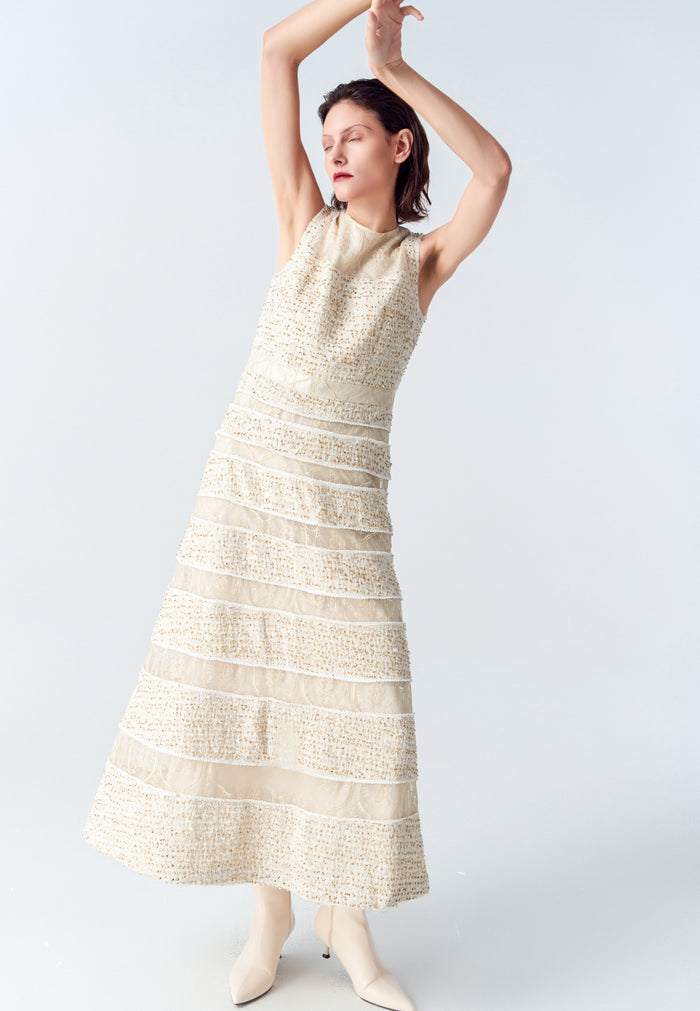 Tweed-Lace Striped Sleeveless Maxi Dress