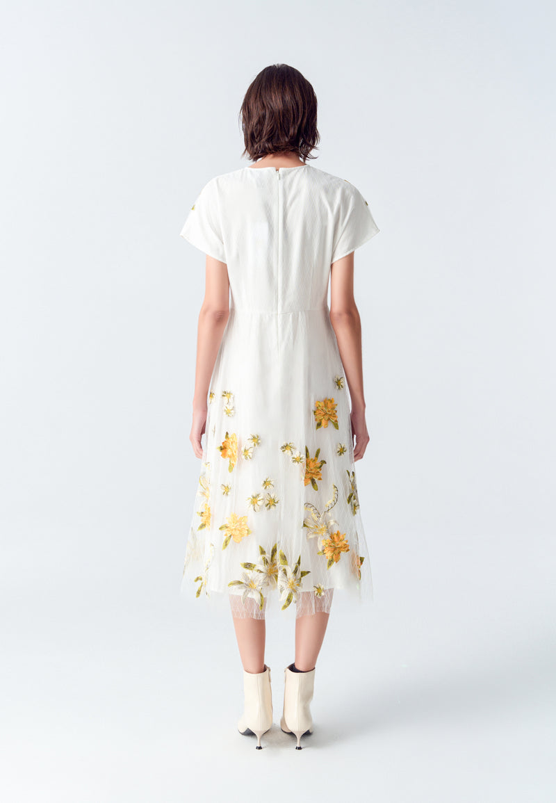White Floral Embroidered Mesh Cap-sleeves Dress