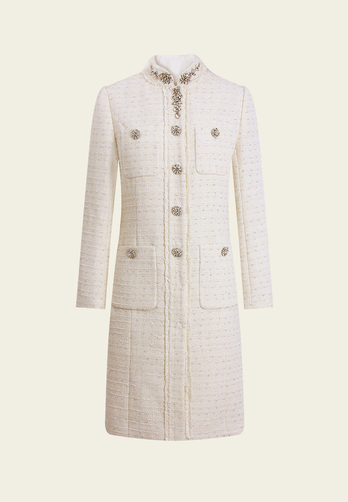 Flower-Motif Crystal-Embellished Tweed Coat
