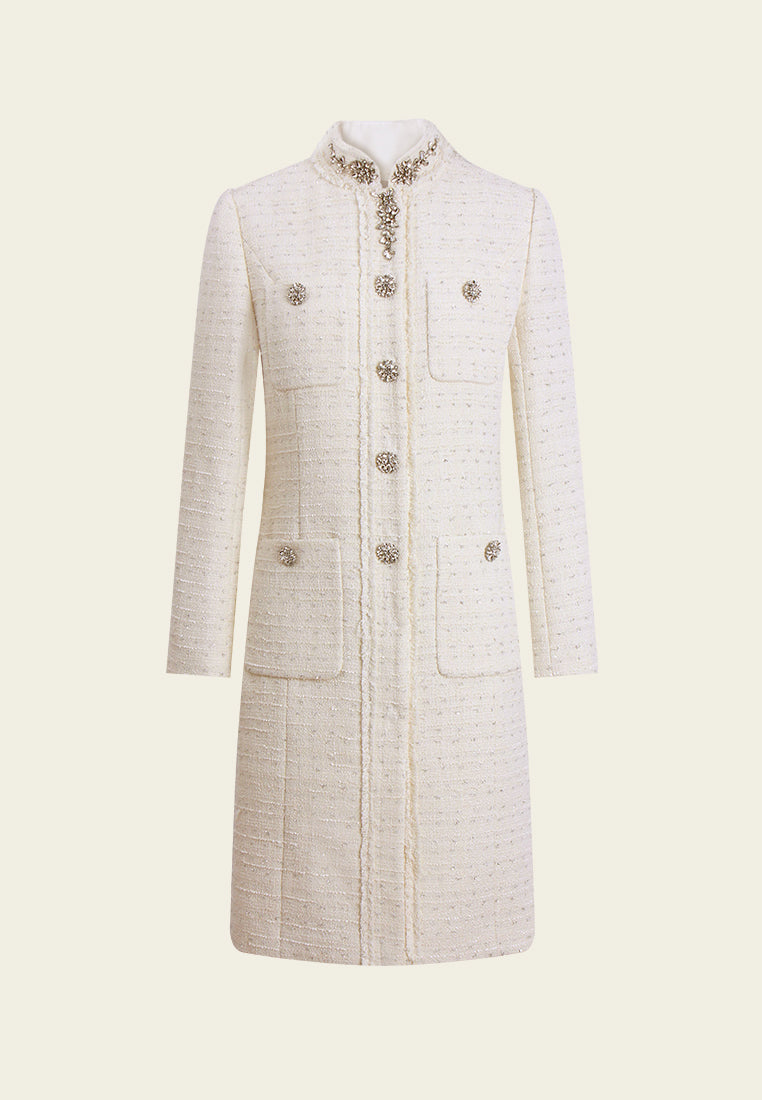 Flower-Motif Crystal-Embellished Tweed Coat