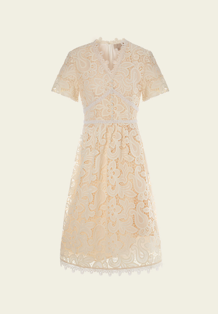 Bead-trim V-neck Hollow-carved Lace Dress