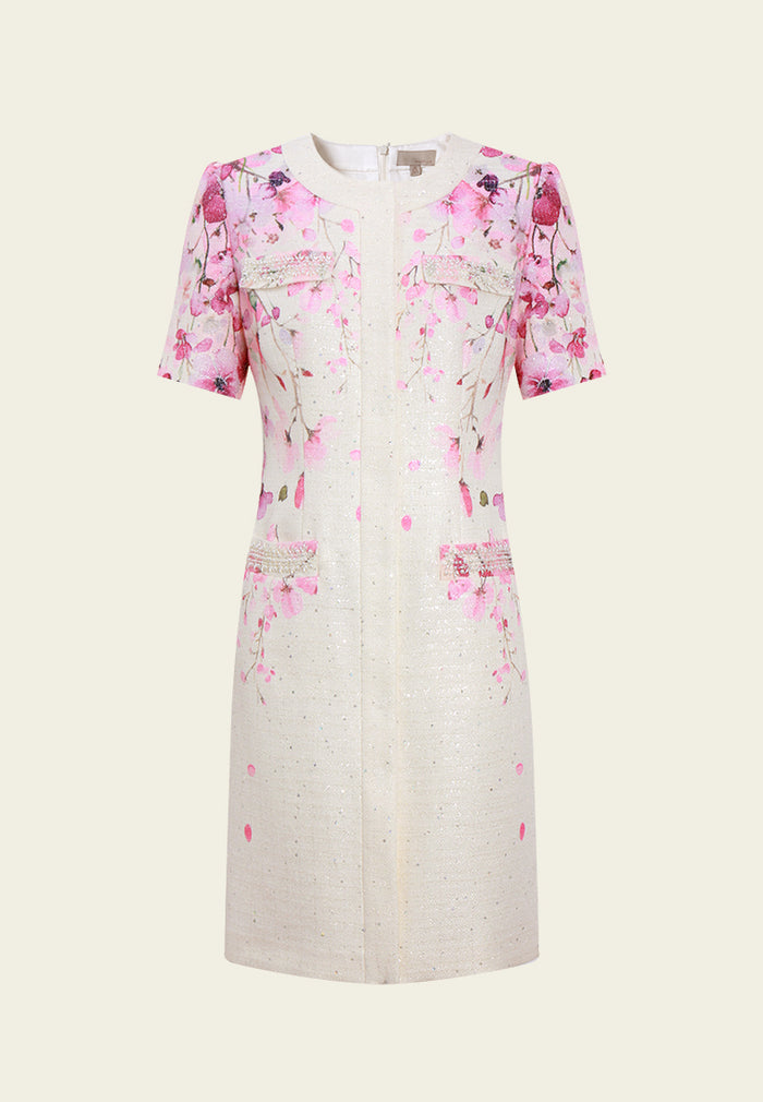 Flower-Motif Embellished Tweed Dress