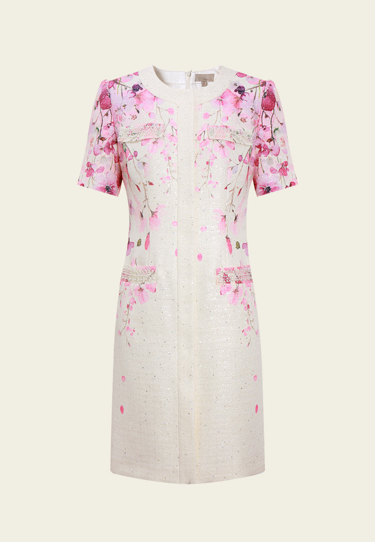 Flower-Motif Embellished Tweed Dress