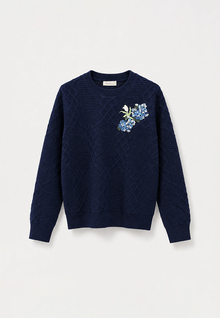 Bleu Hortensia Embroidered Cable-Knit Sweater