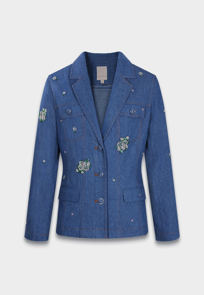 Indigo Bloom Embroidered Denim Blazer