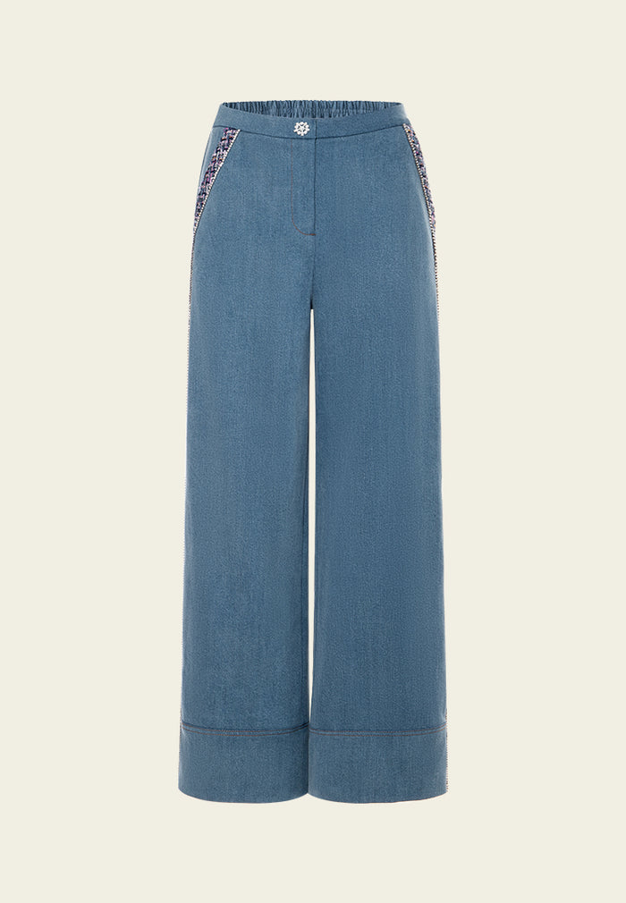 Embellished-trim Slit-pocket Wide-leg Jeans