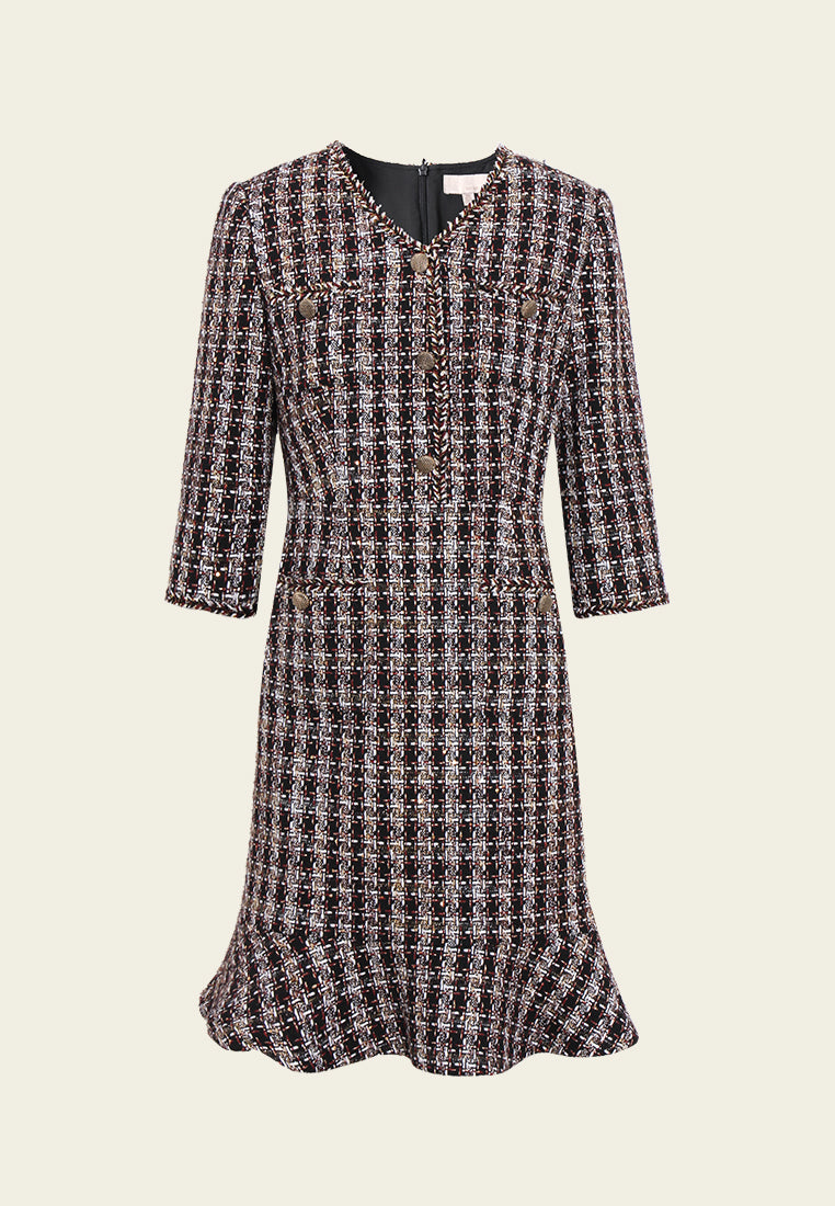 Checked Fishtail-hem Tweed Midi Dress