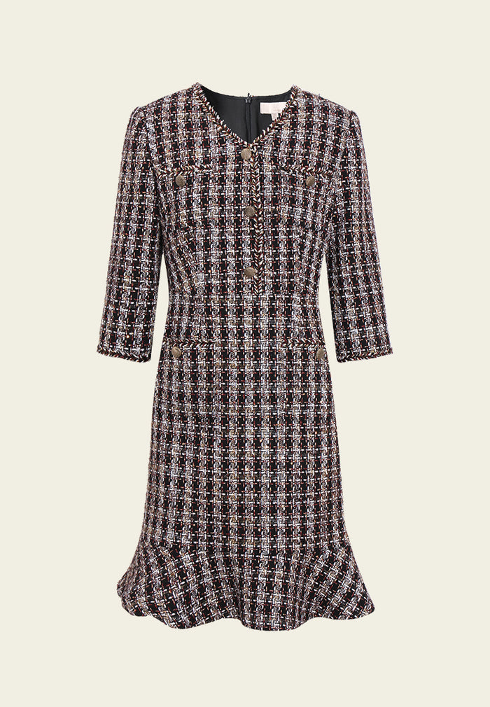 Checked Fishtail-hem Tweed Midi Dress