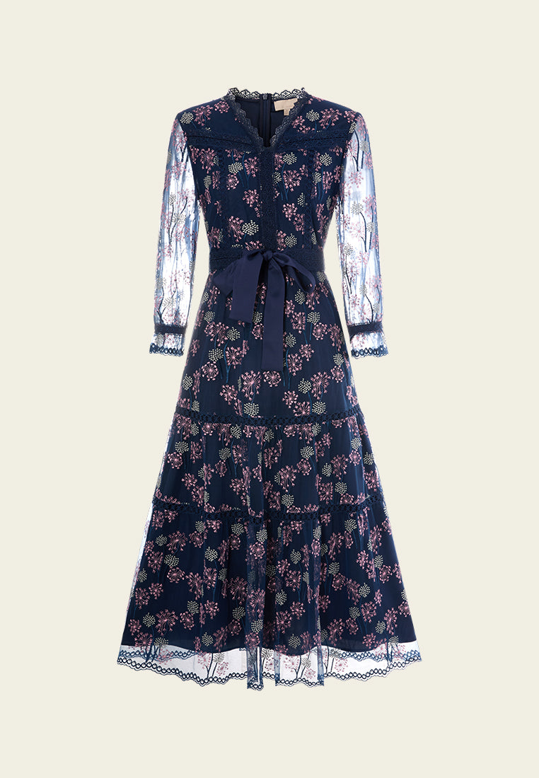 Dandelion-pattern Puff-sleeve Lace-trim Tie-belt Mesh Dress