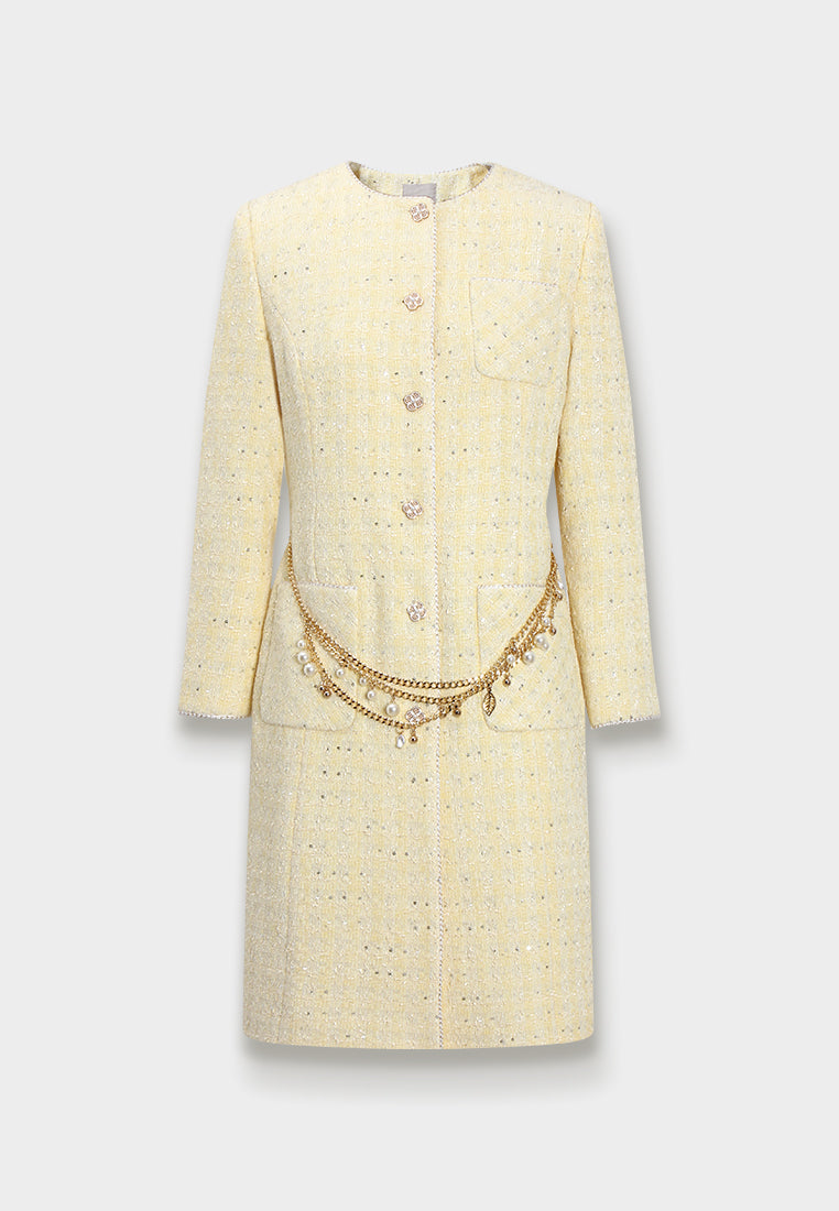 Golden Tweed Coat with Pearl Chain Belt