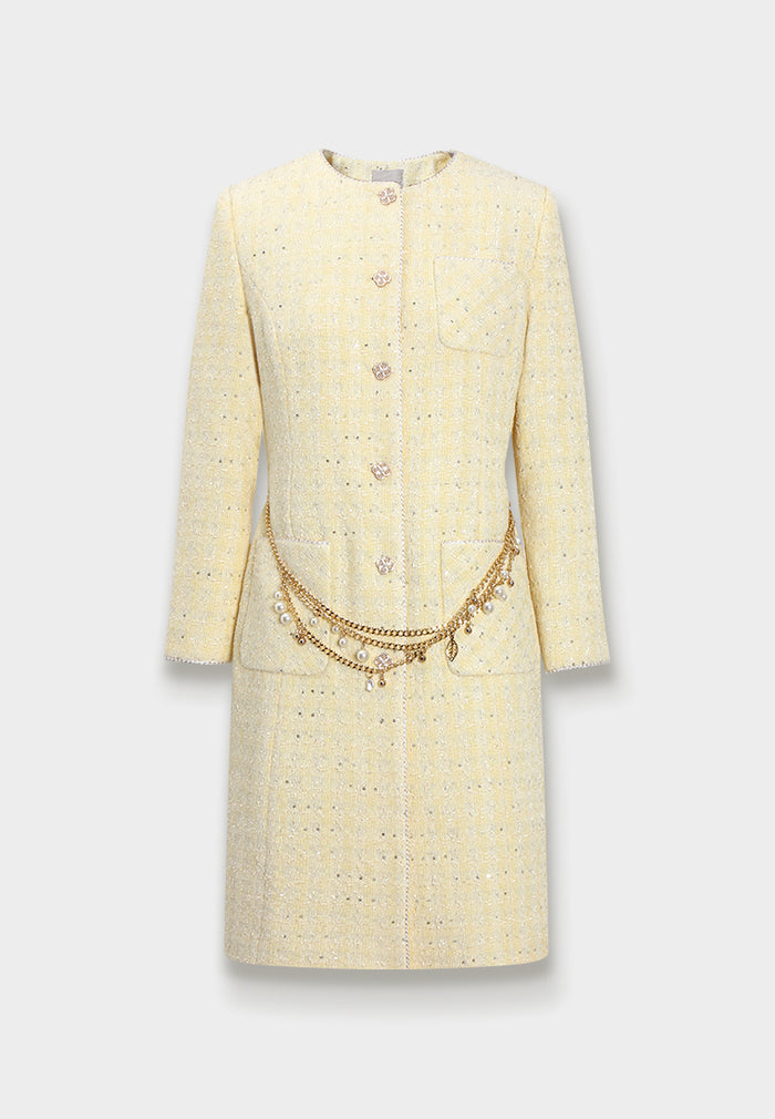 Golden Tweed Coat with Pearl Chain Belt