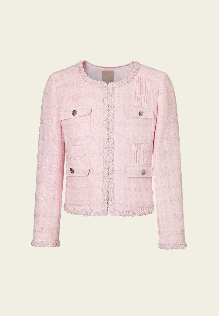 Frayed-trim Pleated-detail Checked Tweed Jacket