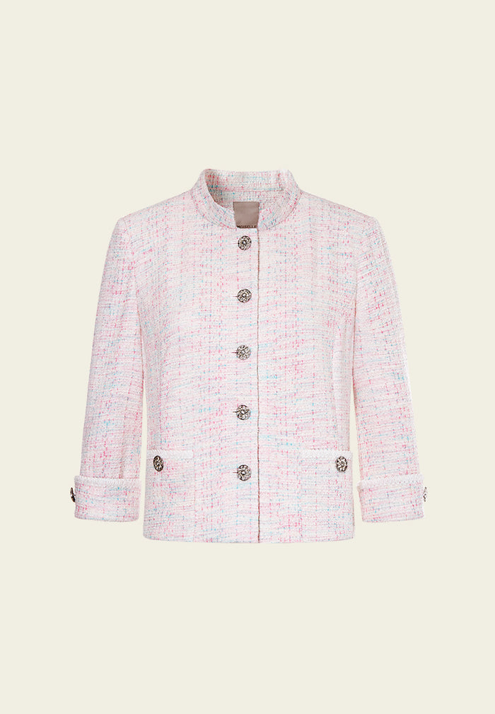 Pink Stand Collar Stretch Tweed Jacket MOISELLE