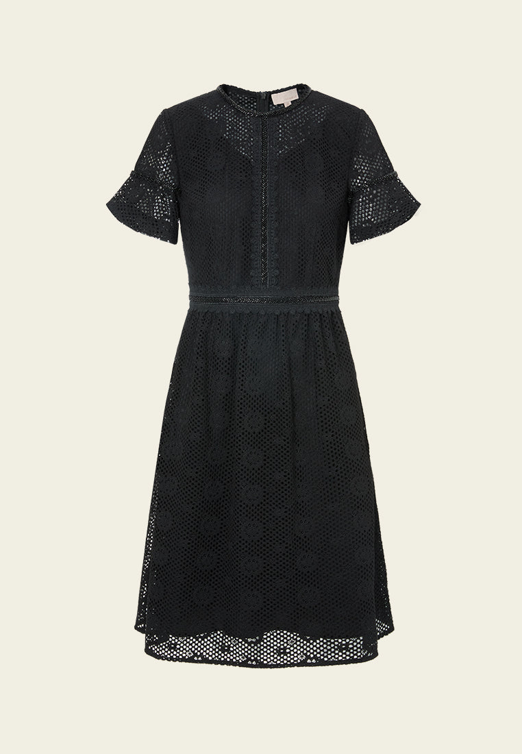 Ruffle-detail Embellished-trim Panelled Mesh Dress