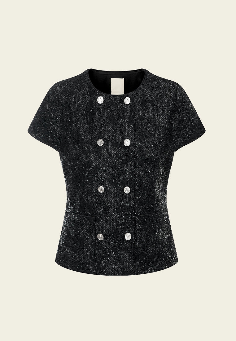 Frayed Lurex-detail Lace Double-breasted Cap-sleeve Blouse